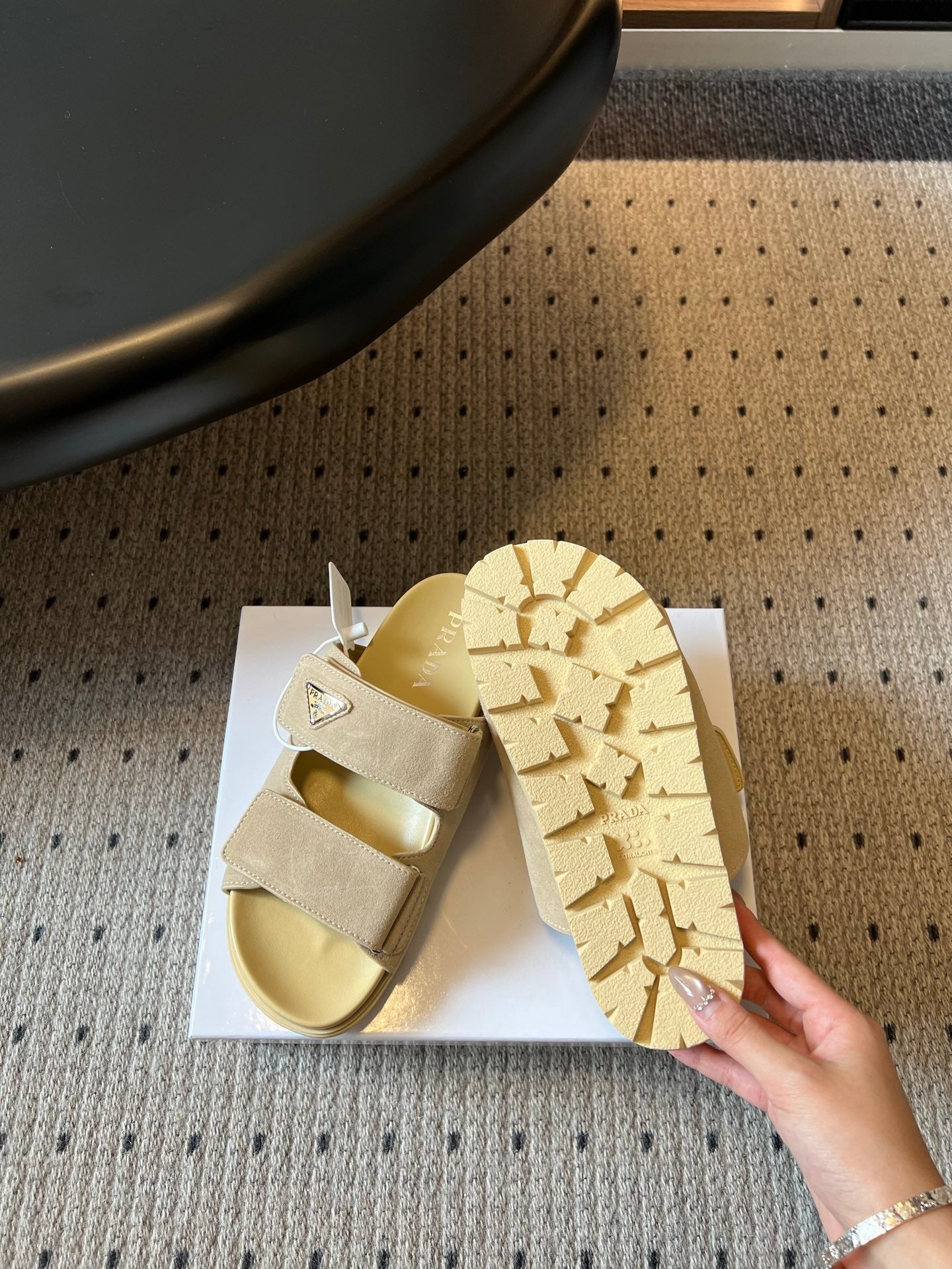 PRADA 26S DOUBLE STRAP SLIDES 35MM IN BEIGE SUEDE