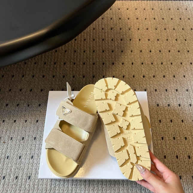 PRADA 26S DOUBLE STRAP SLIDES 35MM IN BEIGE SUEDE