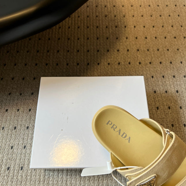 PRADA 26S DOUBLE STRAP SLIDES 35MM IN BEIGE SUEDE