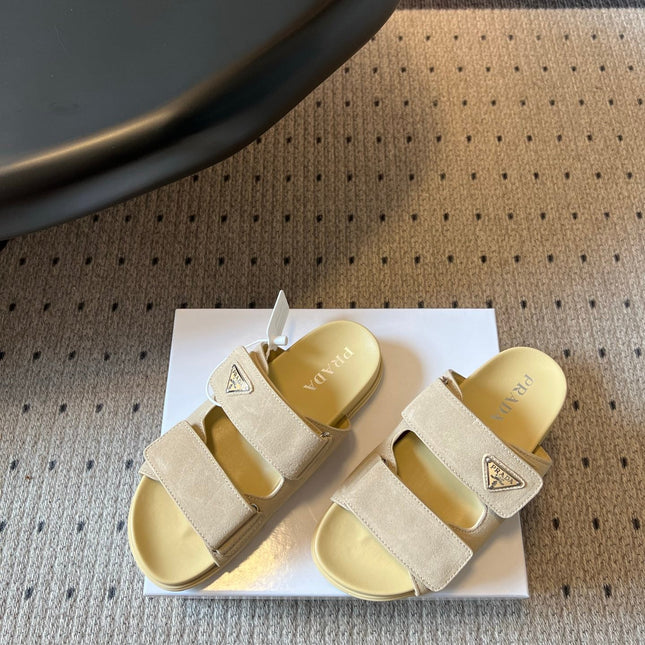 PRADA 26S DOUBLE STRAP SLIDES 35MM IN BEIGE SUEDE