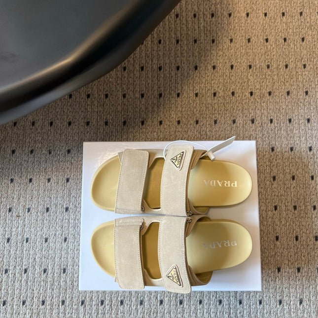 PRADA 26S DOUBLE STRAP SLIDES 35MM IN BEIGE SUEDE