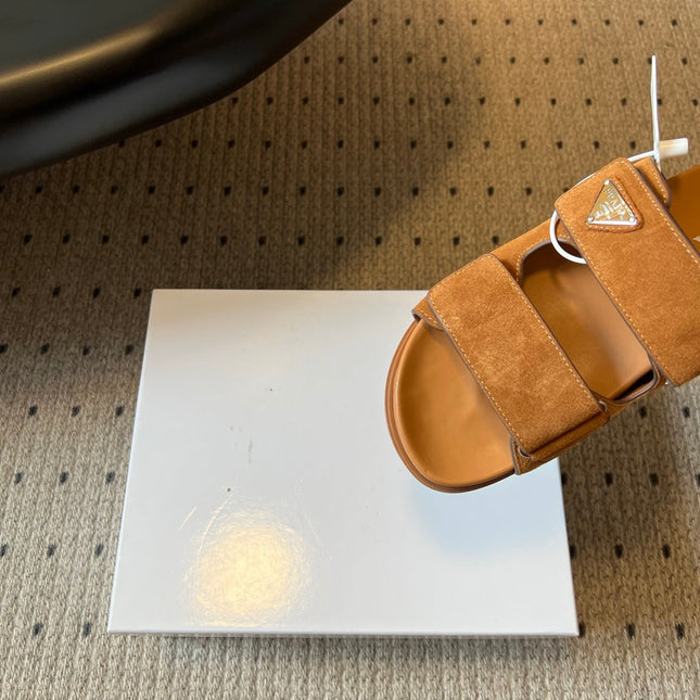 PRADA 26S DOUBLE STRAP SLIDES 35MM IN CARAMEL BROWN SUEDE