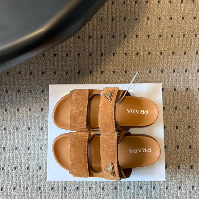 PRADA 26S DOUBLE STRAP SLIDES 35MM IN CARAMEL BROWN SUEDE