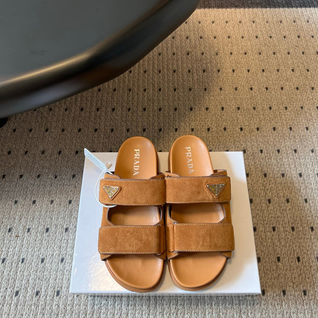 PRADA 26S DOUBLE STRAP SLIDES 35MM IN CARAMEL BROWN SUEDE