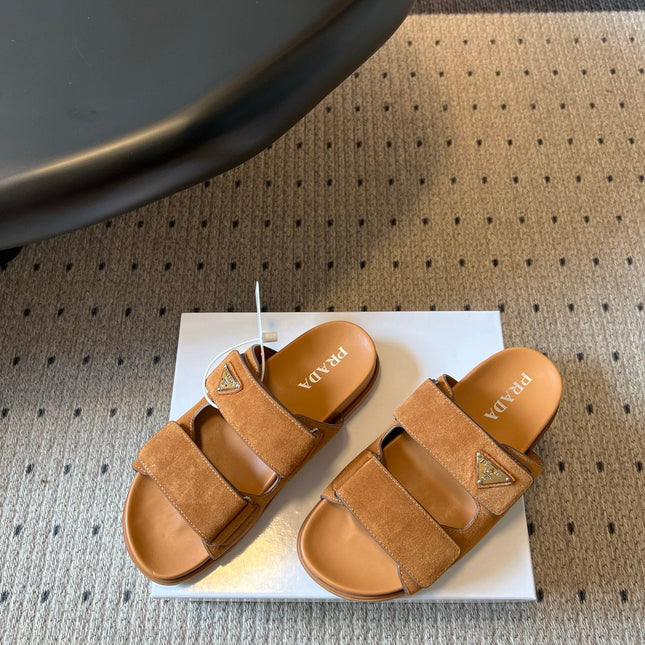 PRADA 26S DOUBLE STRAP SLIDES 35MM IN CARAMEL BROWN SUEDE
