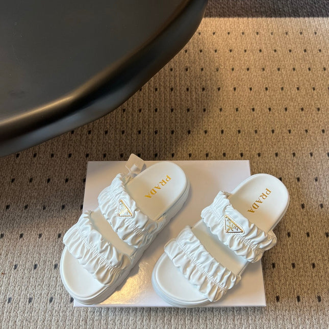 PRADA 26S RUCHED DOUBLE STRAP PLATFORM SLIDES 55MM IN WHITE CALFSKIN