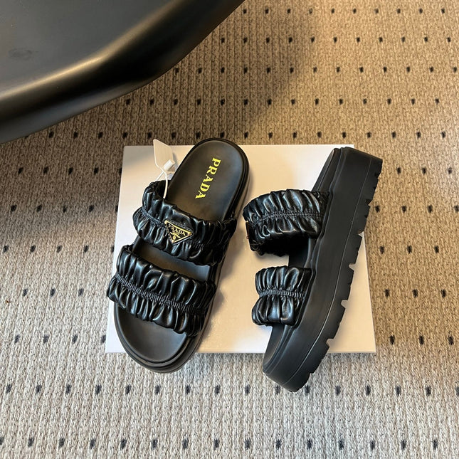 PRADA 26S RUCHED DOUBLE STRAP PLATFORM SLIDES 55MM IN BLACK CALFSKIN
