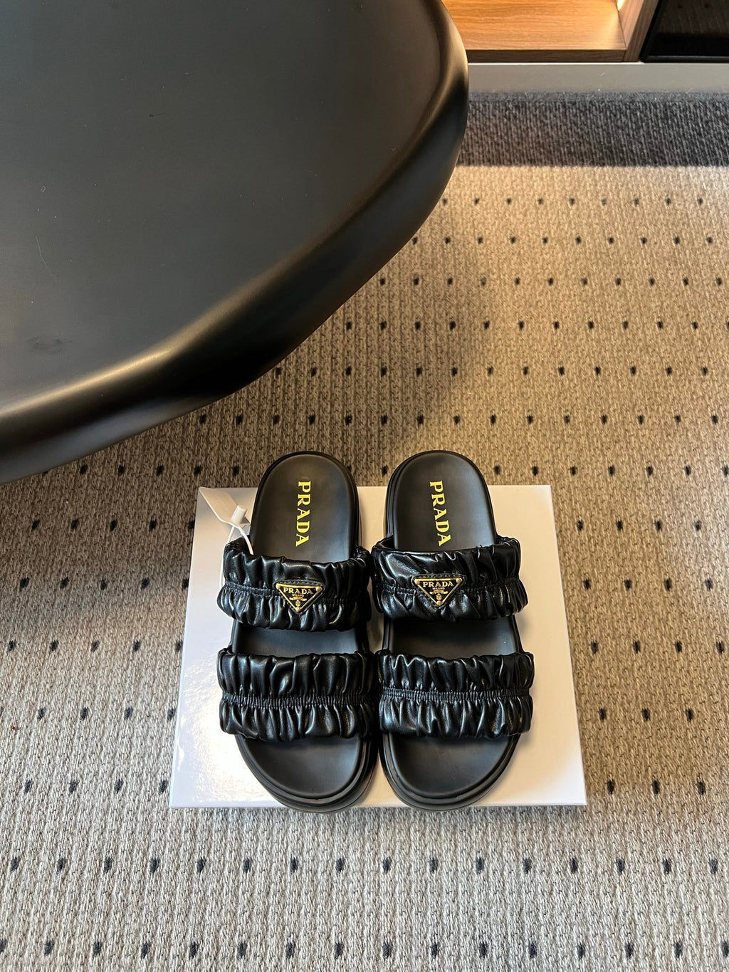 PRADA 26S RUCHED DOUBLE STRAP PLATFORM SLIDES 55MM IN BLACK CALFSKIN