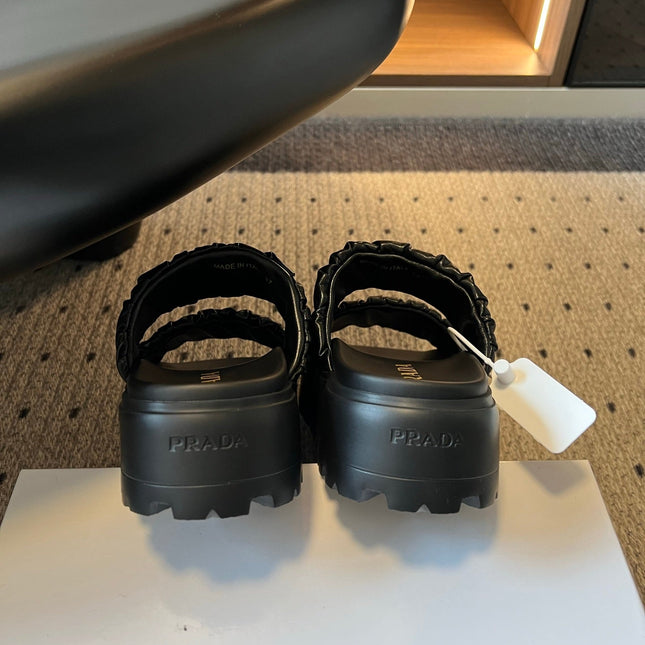 PRADA 26S RUCHED DOUBLE STRAP PLATFORM SLIDES 55MM IN BLACK CALFSKIN