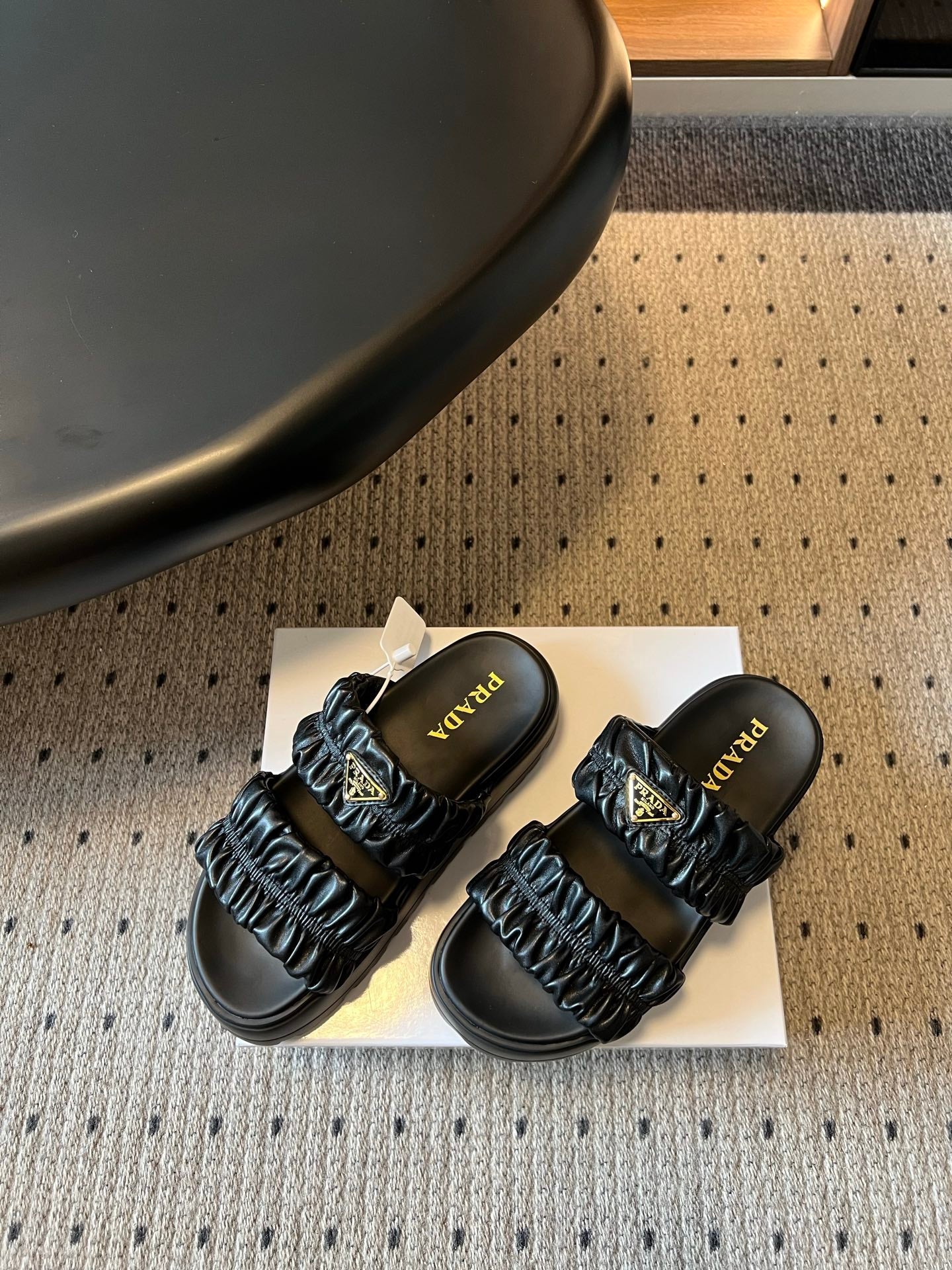 PRADA 26S RUCHED DOUBLE STRAP PLATFORM SLIDES 55MM IN BLACK CALFSKIN