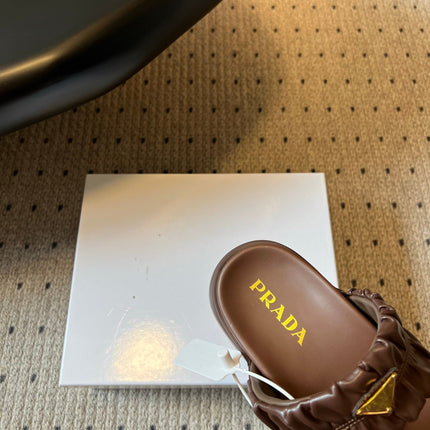 PRADA 26S RUCHED DOUBLE STRAP PLATFORM SLIDES 55MM IN DARK BROWN CALFSKIN
