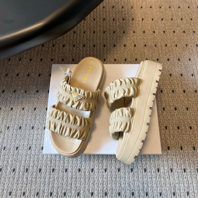PRADA 26S RUCHED DOUBLE STRAP PLATFORM SLIDES 55MM IN BEIGE CALFSKIN