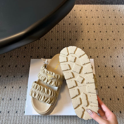 PRADA 26S RUCHED DOUBLE STRAP PLATFORM SLIDES 55MM IN BEIGE CALFSKIN