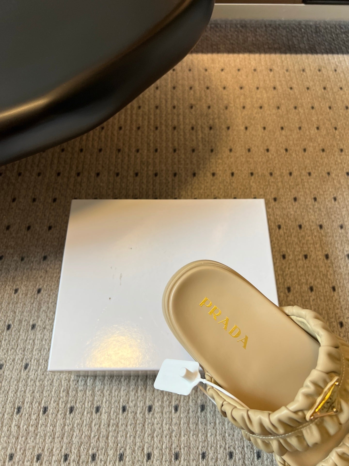 PRADA 26S RUCHED DOUBLE STRAP PLATFORM SLIDES 55MM IN BEIGE CALFSKIN