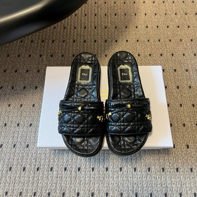 DIOR 26S SLIDES IN BLACK CALFSKIN WITH BOW