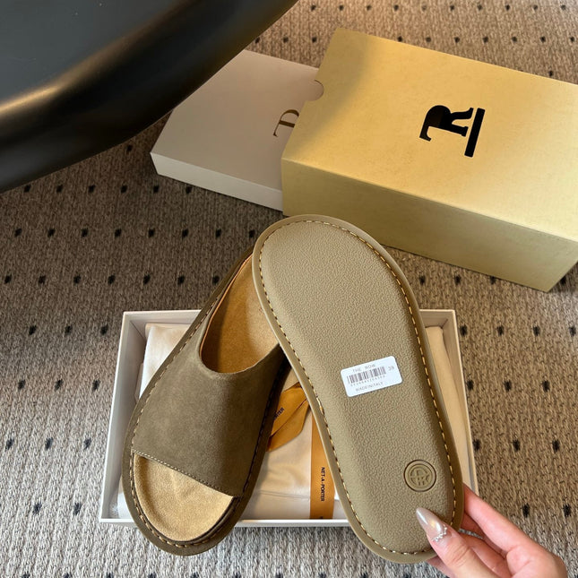 THE ROW 26S THONG SANDALS IN OLIVE GREEN SUEDE