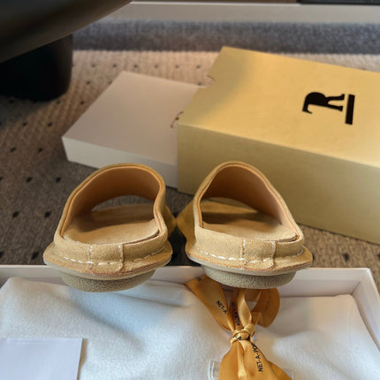 THE ROW 26S OPEN TOE MULES IN SAND BROWN SUEDE