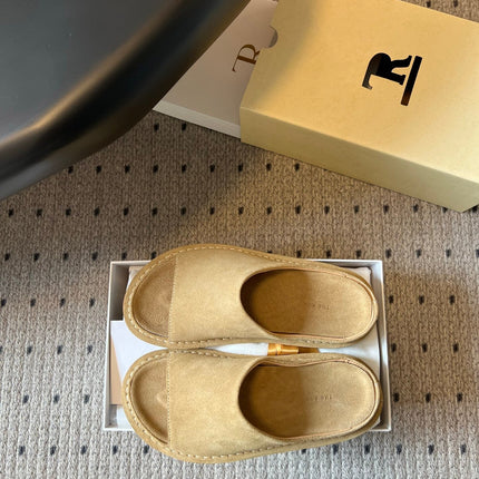 THE ROW 26S OPEN TOE MULES IN SAND BROWN SUEDE