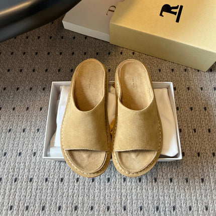 THE ROW 26S OPEN TOE MULES IN SAND BROWN SUEDE