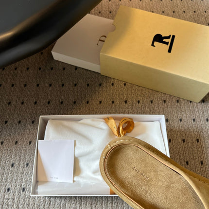 THE ROW 26S OPEN TOE MULES IN SAND BROWN SUEDE
