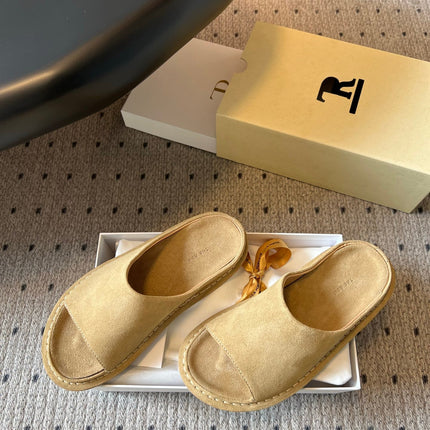 THE ROW 26S OPEN TOE MULES IN SAND BROWN SUEDE