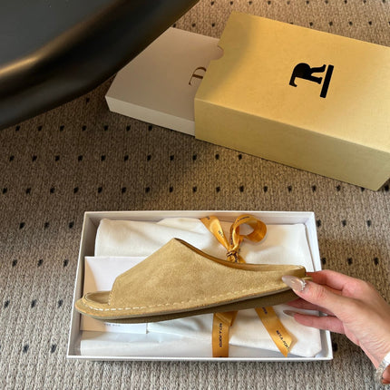 THE ROW 26S OPEN TOE MULES IN SAND BROWN SUEDE