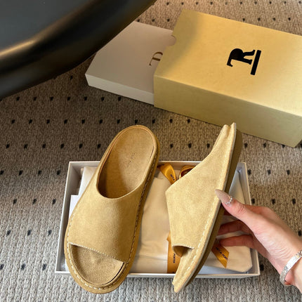 THE ROW 26S OPEN TOE MULES IN SAND BROWN SUEDE
