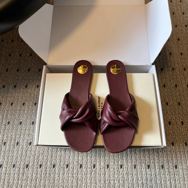 YSL 26S TWISTED-STRAP FLAT SANDALS IN DARK RED LAMBSKIN