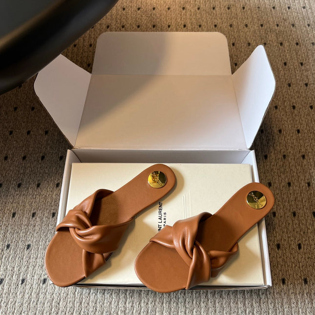 YSL 26S TWISTED-STRAP FLAT SANDALS IN  BROWN LAMBSKIN
