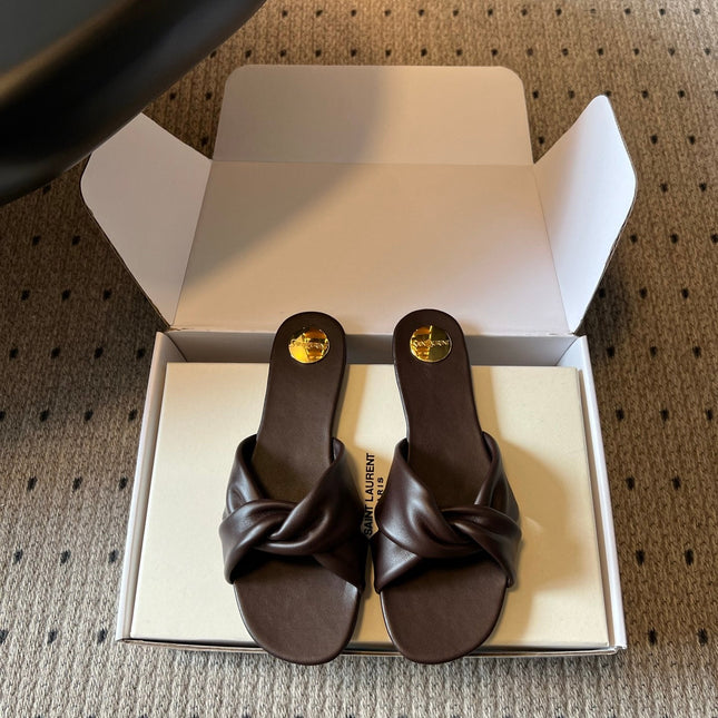 YSL 26S TWISTED-STRAP FLAT SANDALS IN DARK BROWN LAMBSKIN