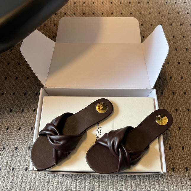 YSL 26S TWISTED-STRAP FLAT SANDALS IN DARK BROWN LAMBSKIN