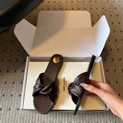 YSL 26S TWISTED-STRAP FLAT SANDALS IN DARK BROWN LAMBSKIN