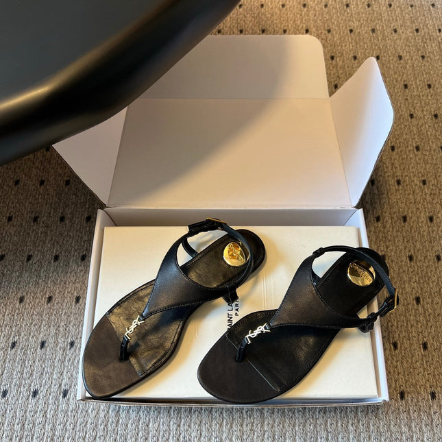 YSL 26S WIDE-STRAP THONG SANDALS IN BLACK CALFSKIN
