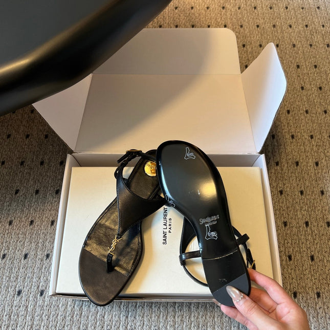 YSL 26S WIDE-STRAP THONG SANDALS IN BLACK CALFSKIN