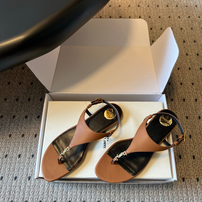 YSL 26S WIDE-STRAP THONG SANDALS IN BROWN CALFSKIN