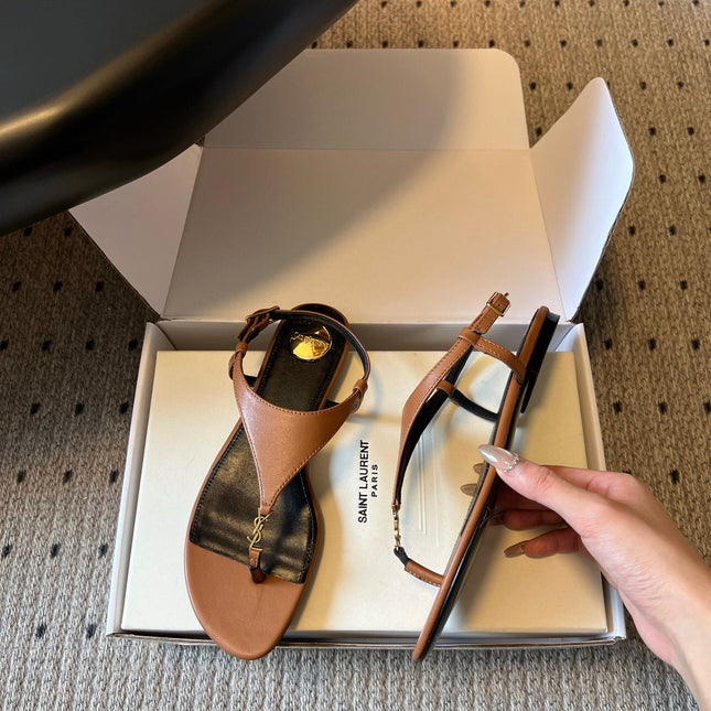 YSL 26S WIDE-STRAP THONG SANDALS IN BROWN CALFSKIN