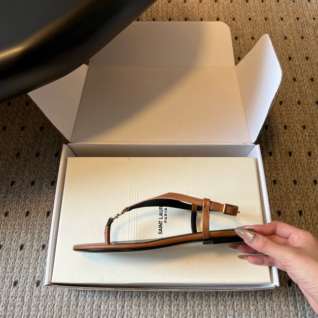 YSL 26S WIDE-STRAP THONG SANDALS IN BROWN CALFSKIN