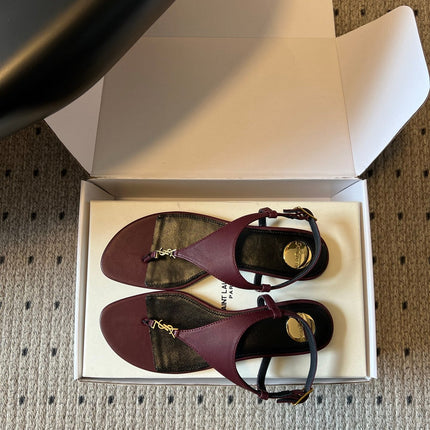 YSL 26S WIDE-STRAP THONG SANDALS IN DARK RED CALFSKIN