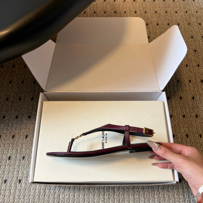 YSL 26S WIDE-STRAP THONG SANDALS IN DARK RED CALFSKIN