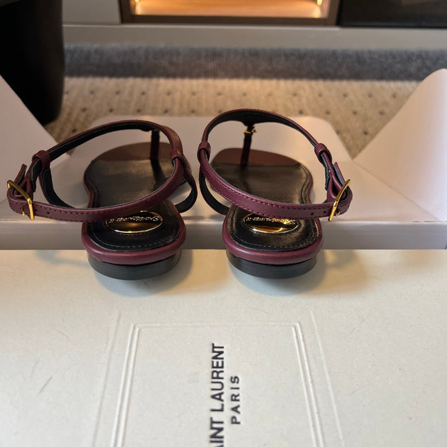 YSL 26S WIDE-STRAP THONG SANDALS IN DARK RED CALFSKIN