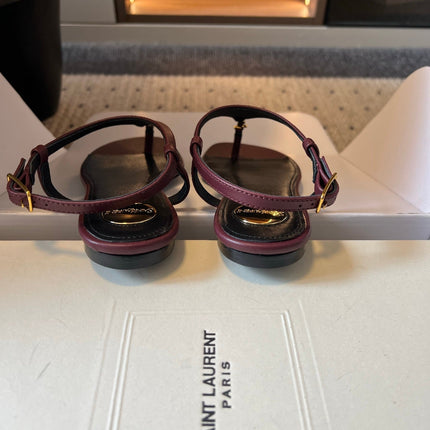 YSL 26S WIDE-STRAP THONG SANDALS IN DARK RED CALFSKIN