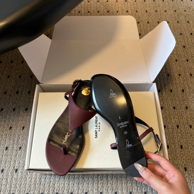 YSL 26S WIDE-STRAP THONG SANDALS IN DARK RED CALFSKIN