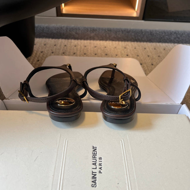 YSL 26S WIDE-STRAP THONG SANDALS IN CHOCOLATE BROWN CALFSKIN