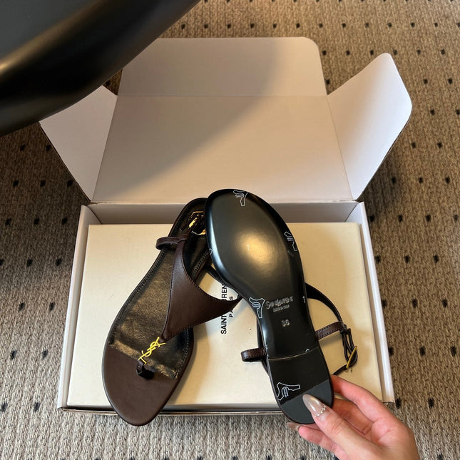 YSL 26S WIDE-STRAP THONG SANDALS IN CHOCOLATE BROWN CALFSKIN