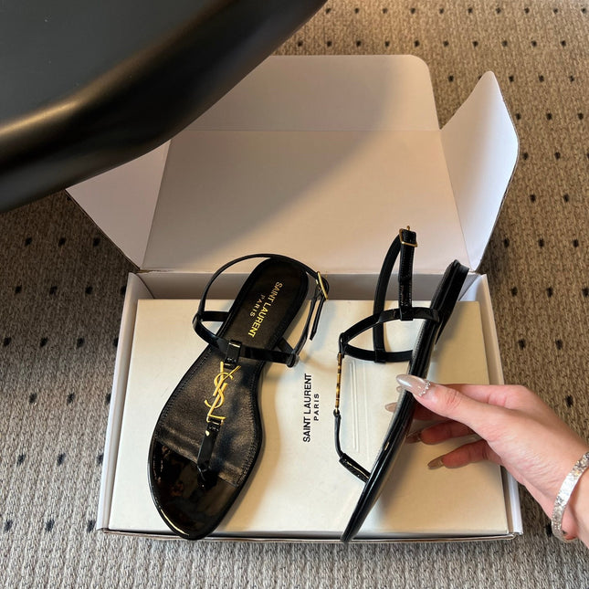 YSL 26S THONG SANDALS IN BLACK SHINY CALFSKIN WITH GOLD HARDWARE