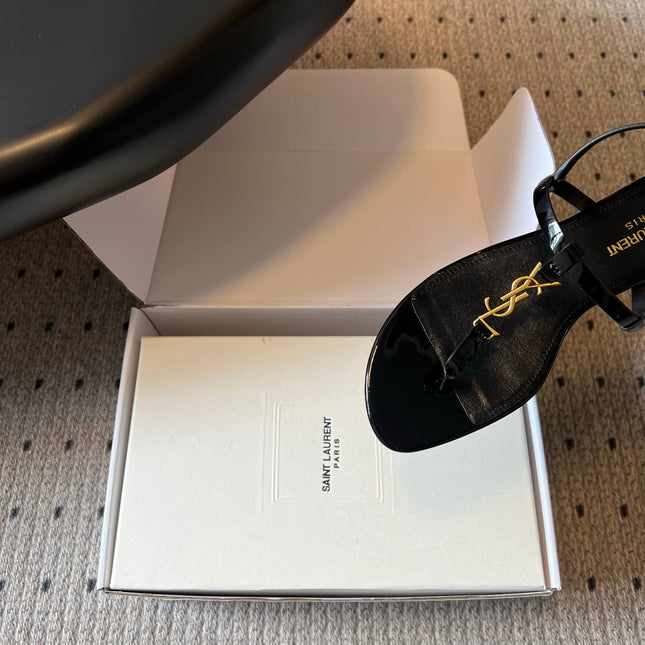 YSL 26S THONG SANDALS IN BLACK SHINY CALFSKIN WITH GOLD HARDWARE