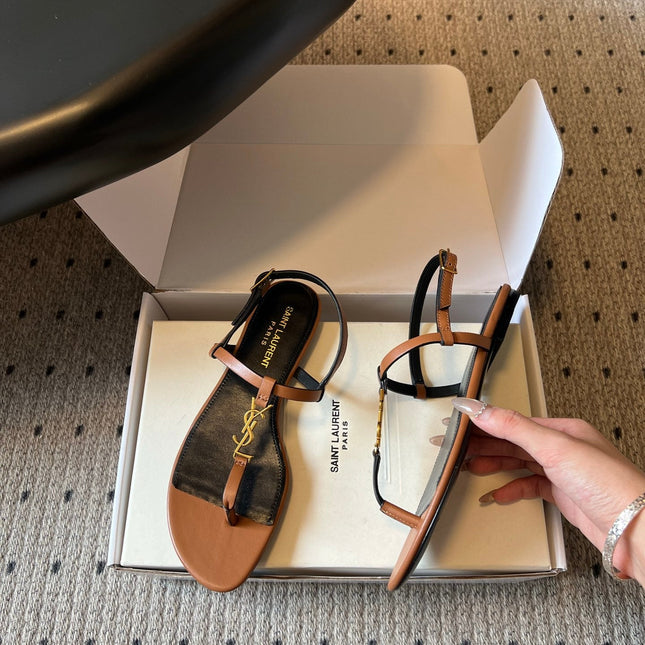 YSL 26S THONG SANDALS IN BROWN CALFSKIN WITH GOLD HARDWARE