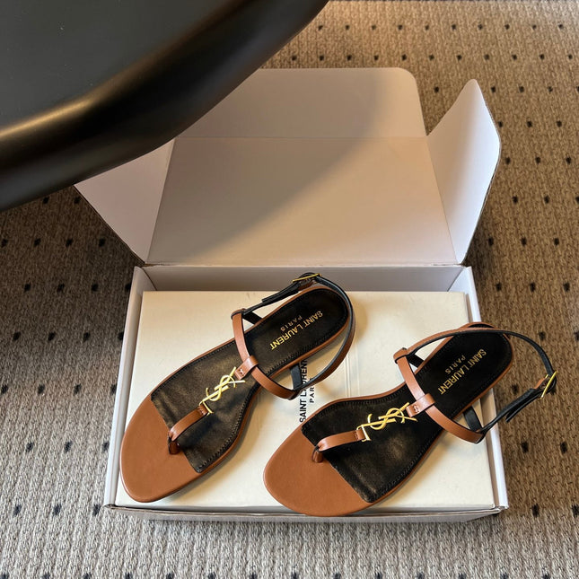 YSL 26S THONG SANDALS IN BROWN CALFSKIN WITH GOLD HARDWARE