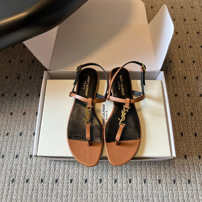 YSL 26S THONG SANDALS IN BROWN CALFSKIN WITH GOLD HARDWARE