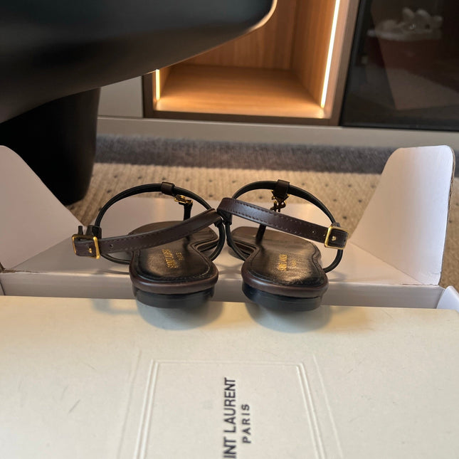 YSL 26S THONG SANDALS IN CHOCOLATE BROWN CALFSKIN WITH GOLD HARDWARE